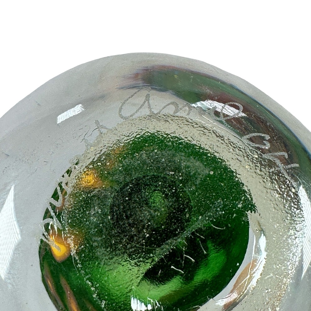 Artisan Signed Green Amber Art Glass Paperweight‎ Sphere 2004 Signed Orb - Picture 7 of 11